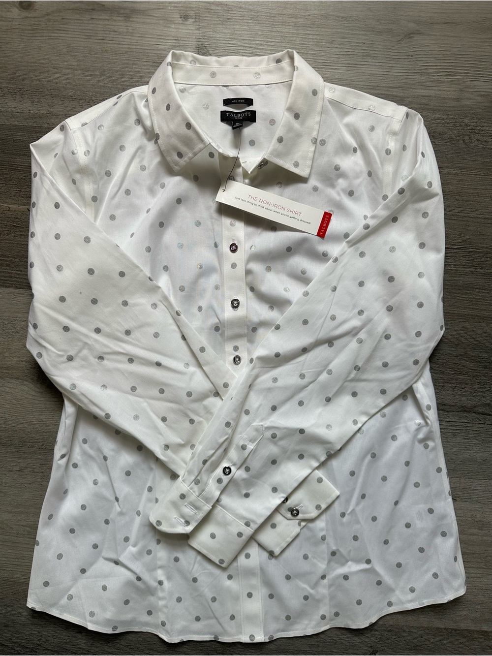 ✨ NWT Talbots Metallic Silver Polka Dot Non-Iron Button-Up Shirt
